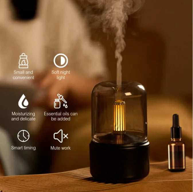 Candlelight Essential Oil Diffuser Portable 120ml Air Humidifier Cool Mist Maker Fogger 8-12 Hours With LED Night Light