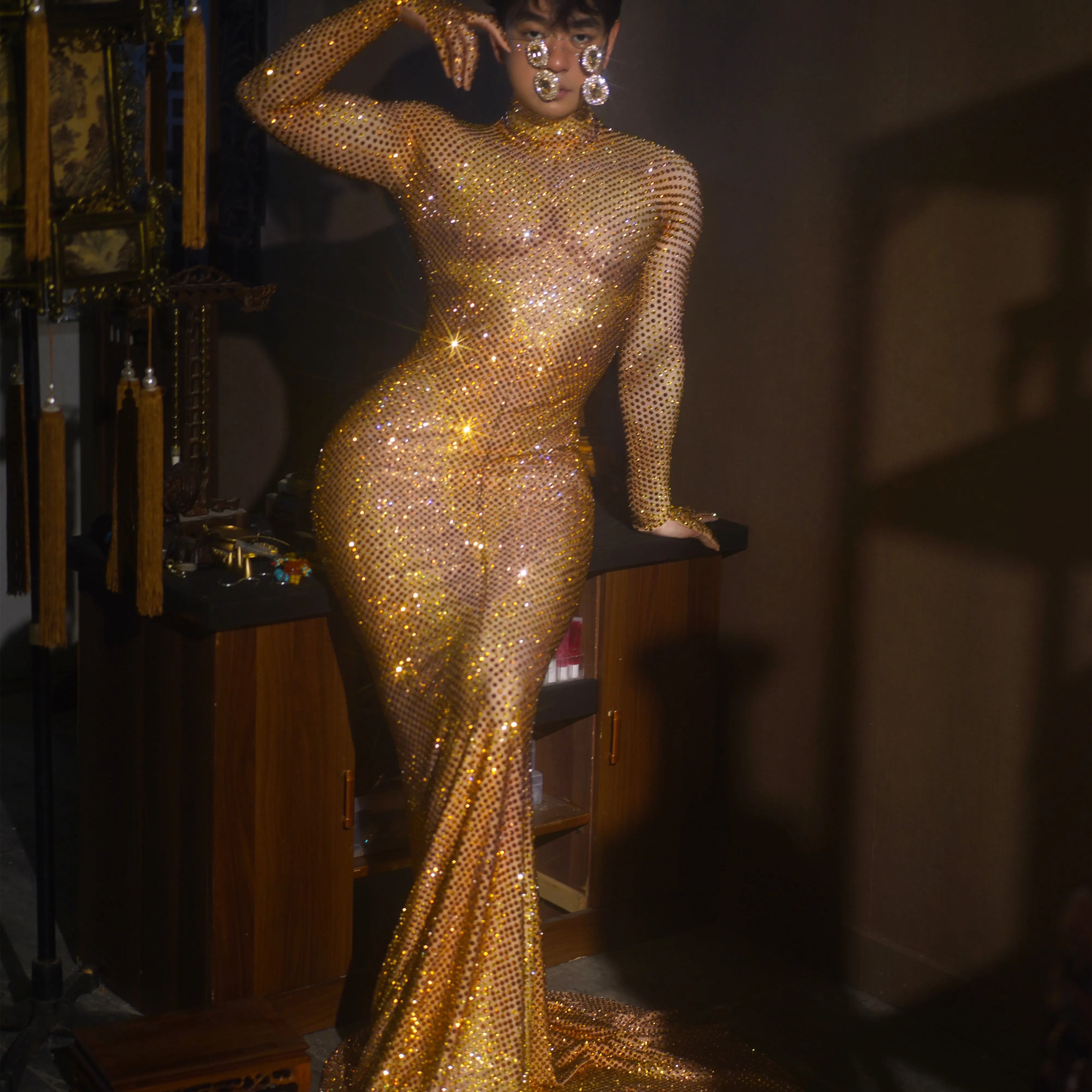 Gold Diamond Crystal Birthday Evening Banquet Mermaid Dress Women Drag Queen Stage Performance Wear Dinner Gown Prom Long Dress