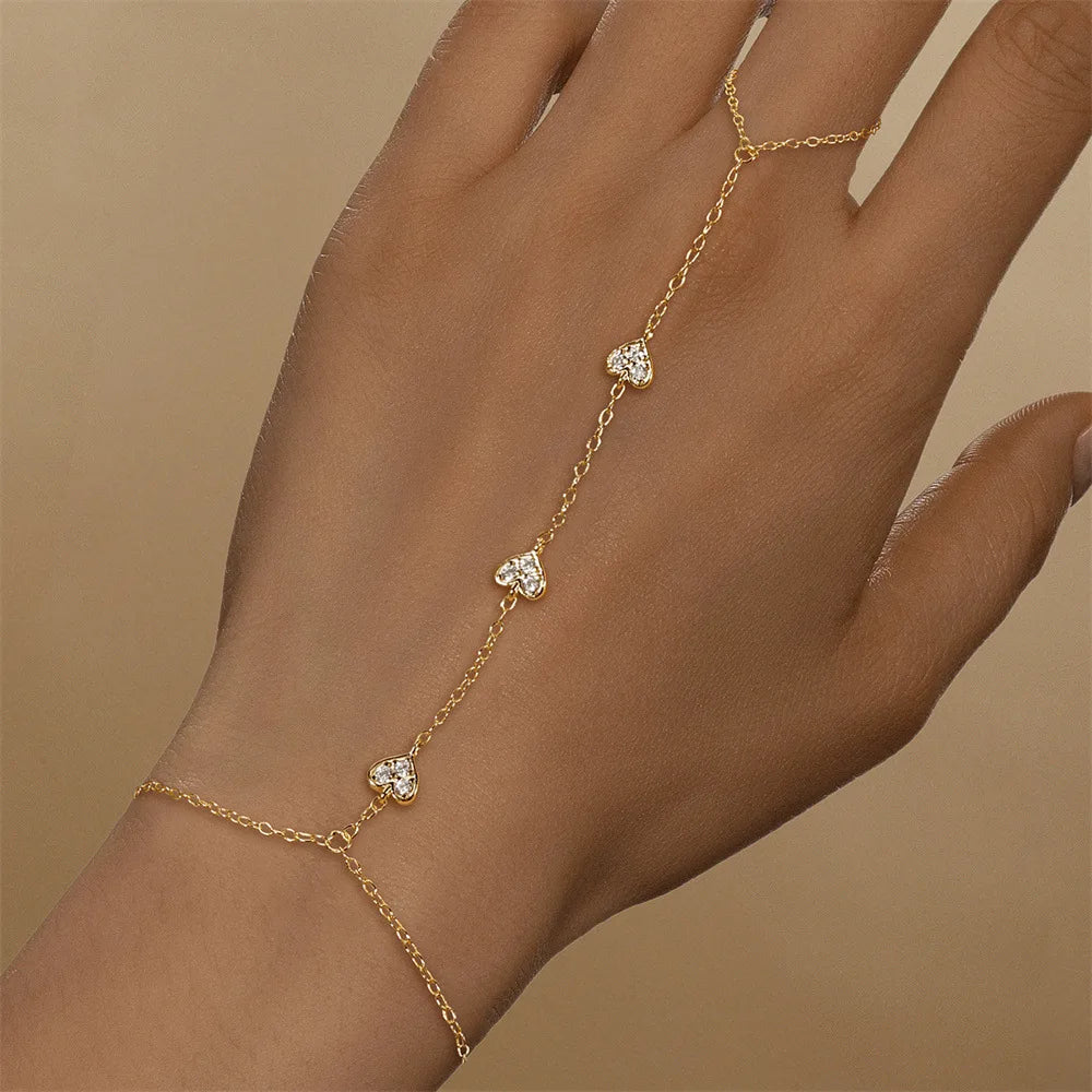Fashion Jewelry Hand Chain Finger Bracelet 925 Sterling Silver Heart Charm Full Zircon Gold Plated Bracelets for Women