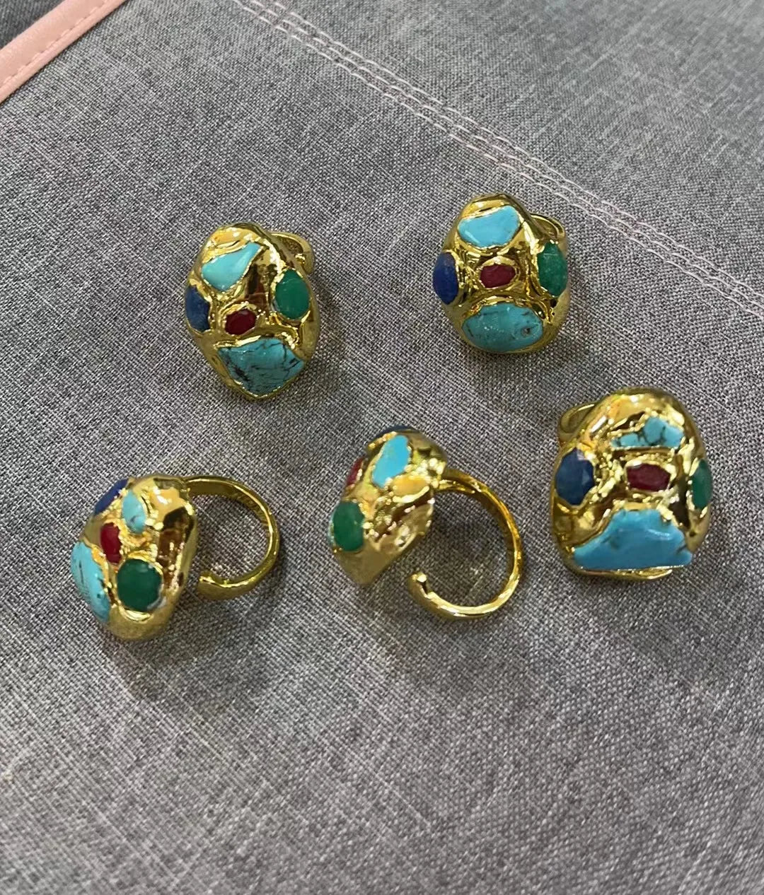 Ladies Fashion Multi Gemstone Turquoise Ring Electroplated Real Gold Gift for Girlfriend
