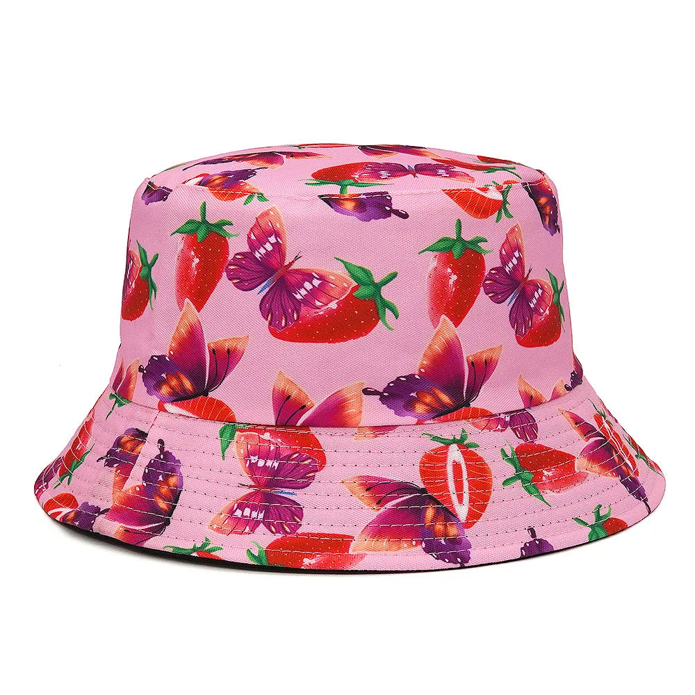 2023 New Creative Fruit Strawberry Printing Multiple Designs Double-sided Fisherman Hat Basin Bucket Hats