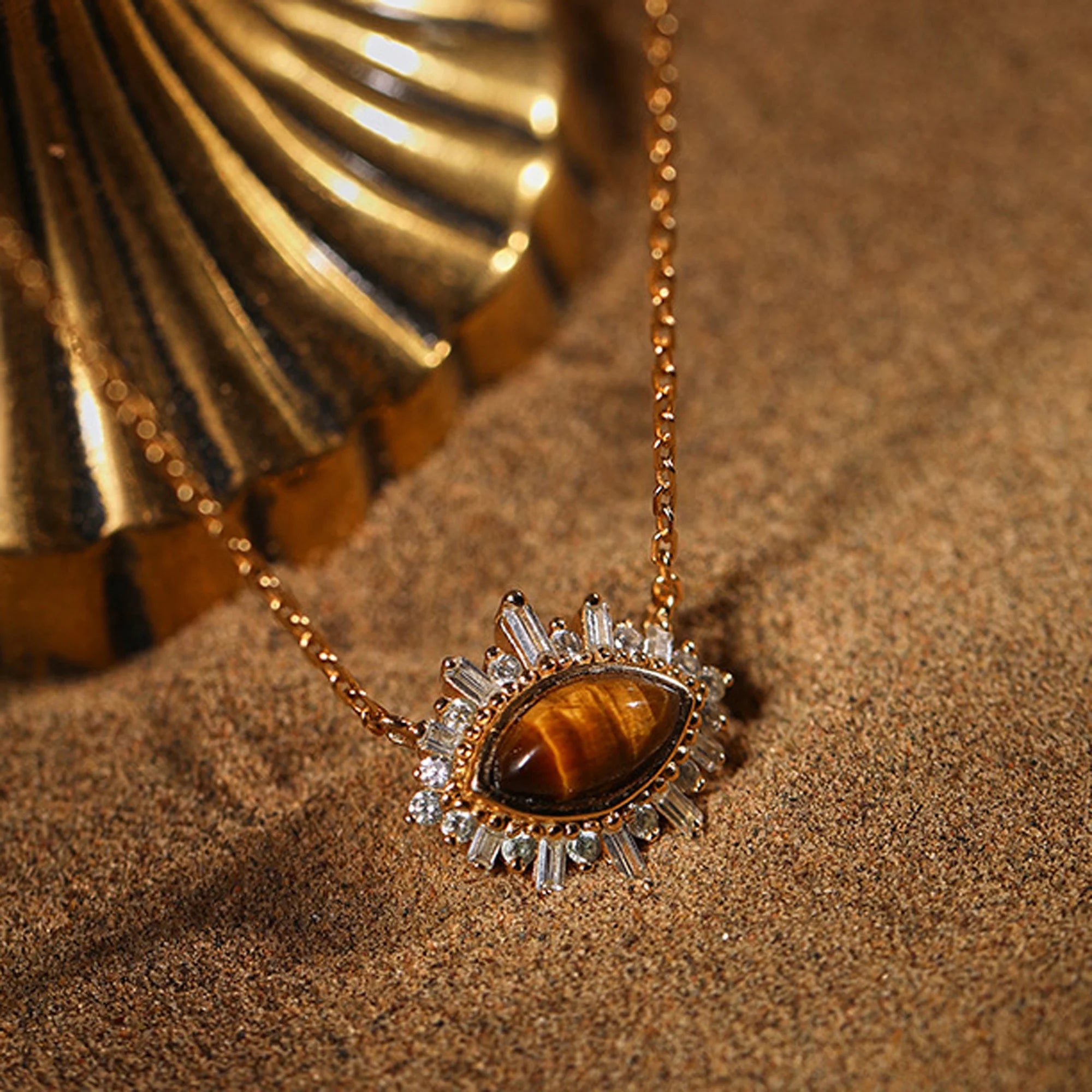 Gold Plated 925 Sterling Silver Natural Tiger Eye Marquise Gemstone Evil Eye Fine Jewelry Necklaces