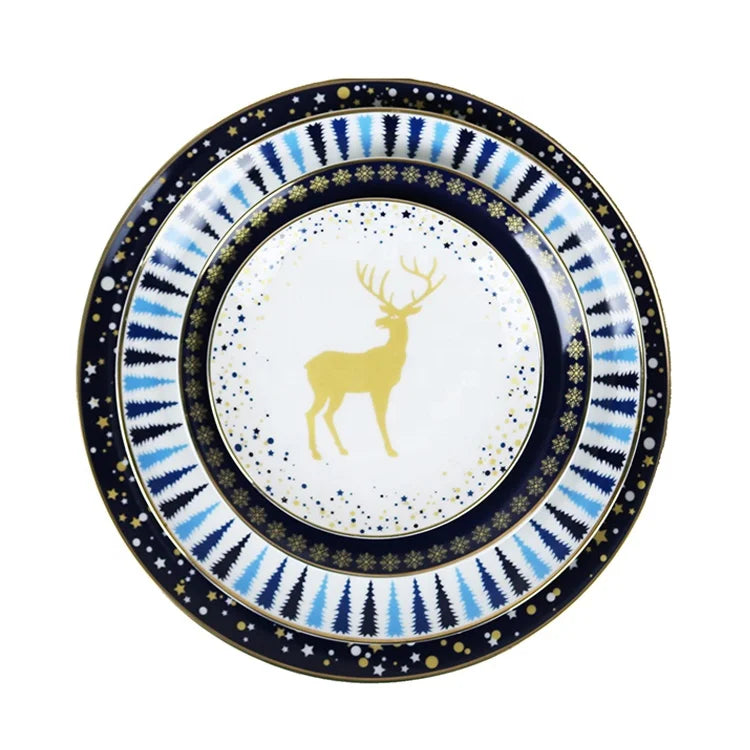 Christmas Dishes Cartoon Design Santa Claus Elk Ceramic Flat Bone China Ceramic Plate Kitchen Dinner Charger Dinnerware Set