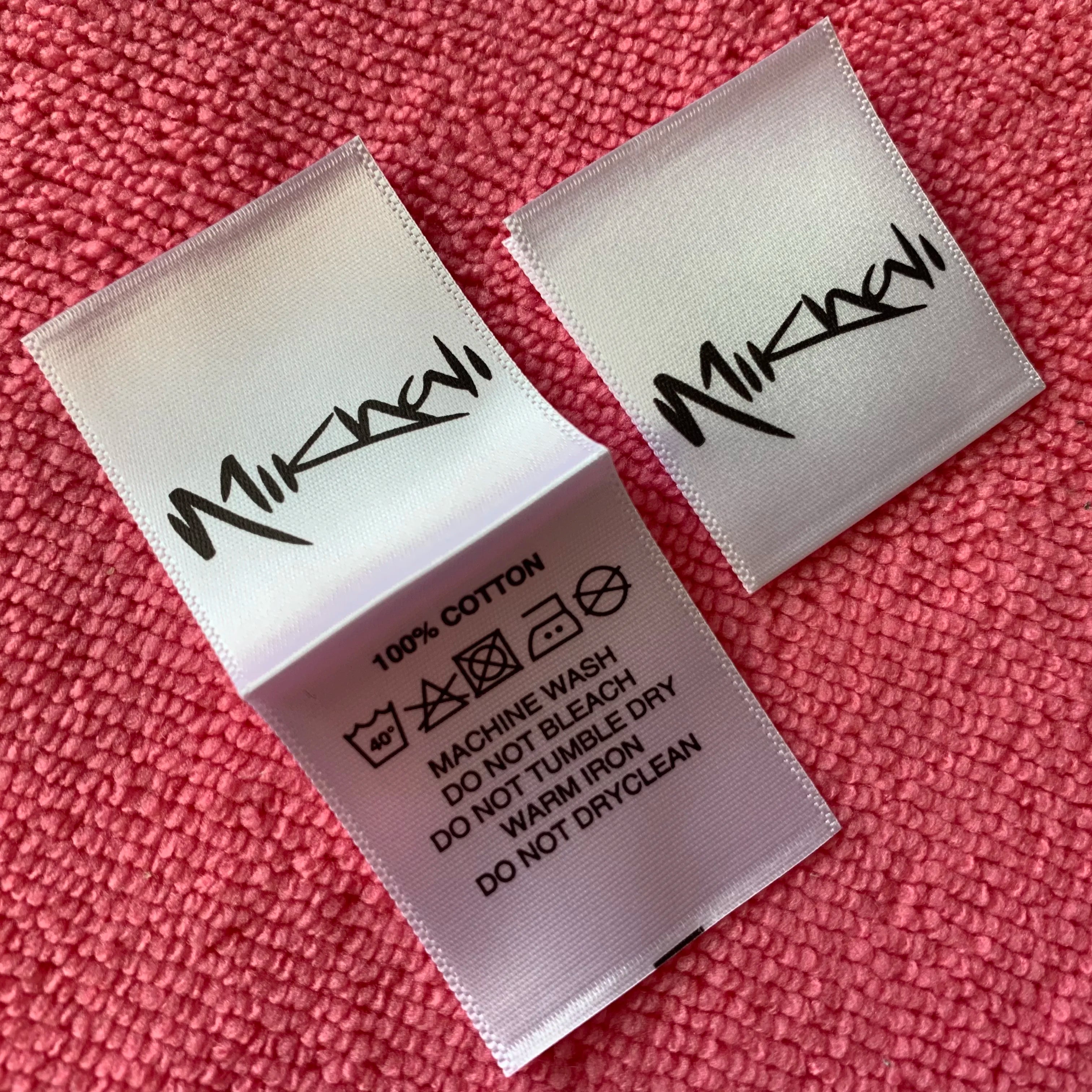 Soft touch waterproof sewing on printing satin care labelbrand logo fabric clothing label for apparel
