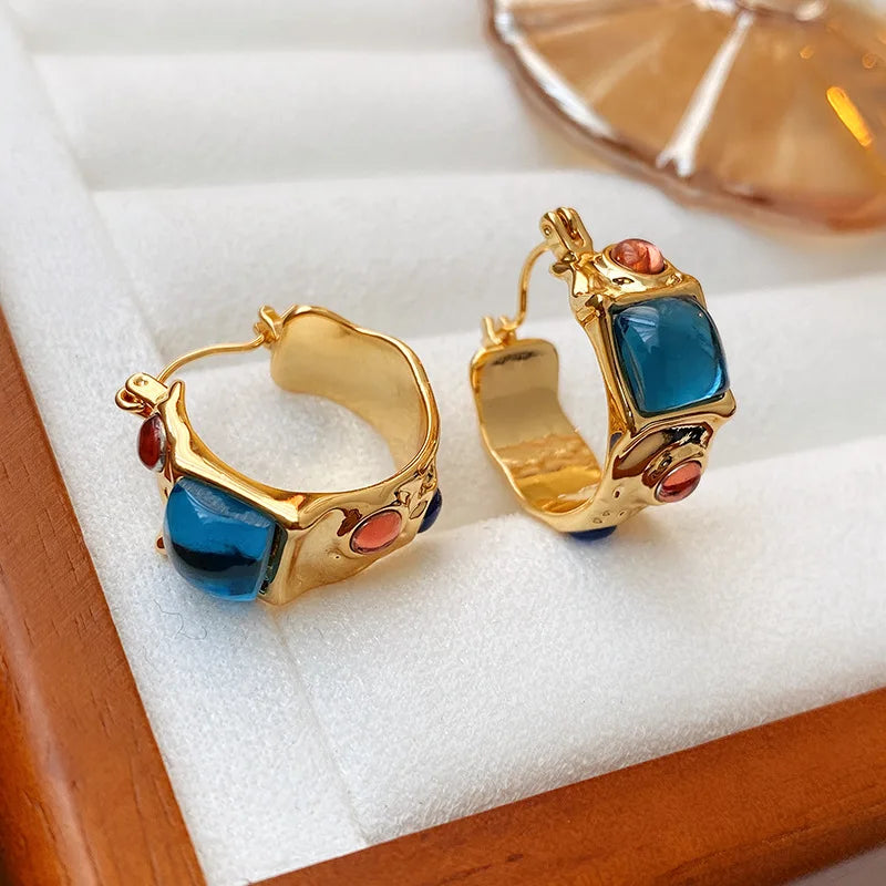 Colorful Geometric Zircon Hoop Earrings Gold Plated Alloy Bamboo Gold Hoop Earrings