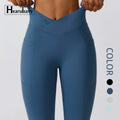 HEARUISAVY Sport Women Cross Waist Gym Leggings With Pocket Tummy Control Butt Lift Soft Workout Fitness Yoga Pants
