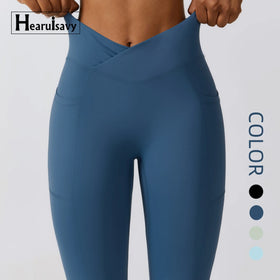 HEARUISAVY Sport Women Cross Waist Gym Leggings With Pocket Tummy Control Butt Lift Soft Workout Fitness Yoga Pants