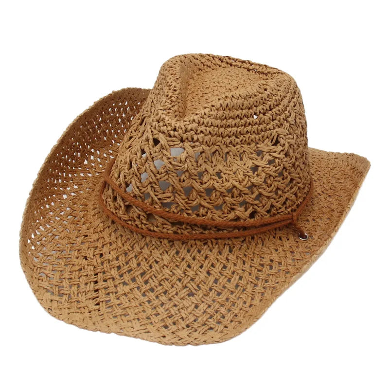 Wholesale Solid Color Hollow Breathable Wide Brim Shade Straw Cap Outdoor Sun Protection Men Women Summer Beach Hat Cowboy Hat