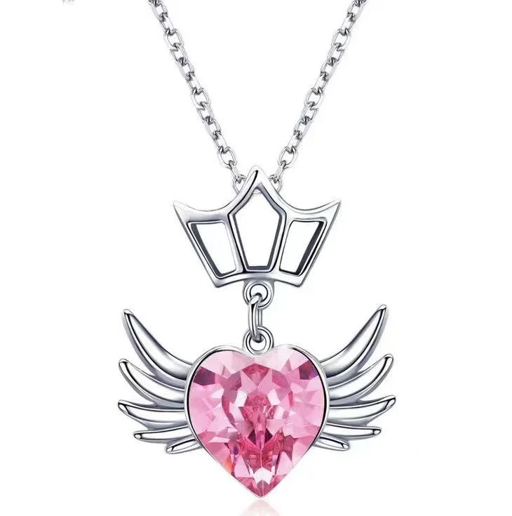Hot Selling 925 Sterling Silver Heart Shaped Wing pink Zircon Crown Pendant Women's Necklace Jewelry Wholesale