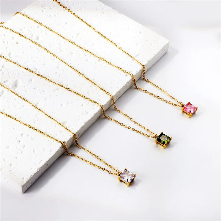 High End Jewelry Vintage Gold Plated Titanium Steel Geometric square Zircon Pendant Necklace