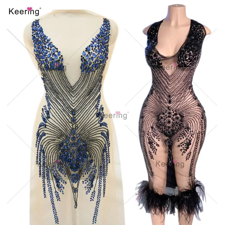 WDP-066 High End Crisscross Front Bodice Dress Navy Blue Black Rhinestone Applique for Sewing Garment