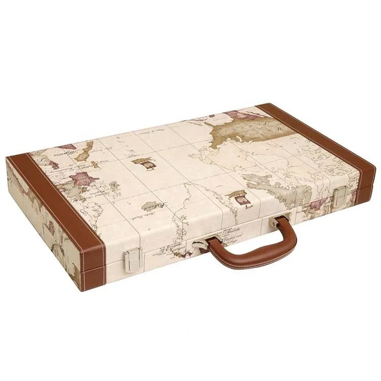 High Quality Handmade Backgammon Sets Custom Deluxe Map Design PVC Leather Backgammon Board Game Set