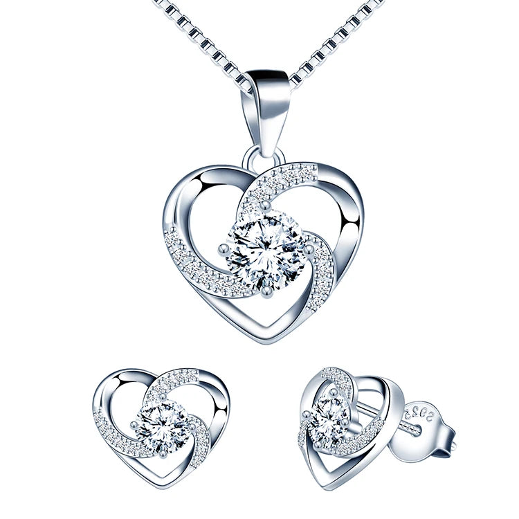 925 Silver Fine Jewelry Set Heart Necklace Stud Earrings with Zircon for Parties Weddings Gifts Engagements Anniversaries
