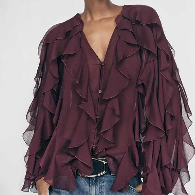 Customized Women's Vintage Loose V-Neck Long-Sleeved Single-Breasted Casual Shirt for Summer
