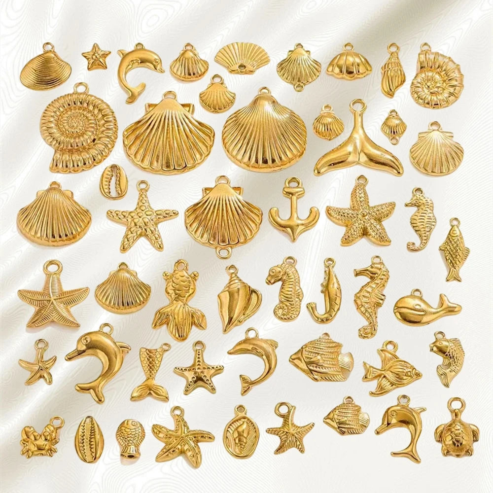 Waterproof 18k Gold Beach Mermaid Fish Shell Starfish Dolphin Pendant Stainless Steel Pendants Charms for Jewelry Making