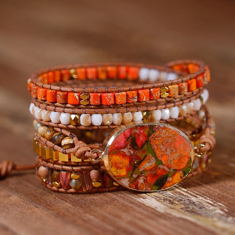 Handmade Jasper Beads Natural Stones Leather Wrap Bracelet 5 Layers Gemstone Bead Bracelet Femme Jewelry BFF Gifts Wholesale