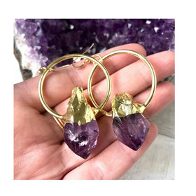 ER40226 Raw Amethyst Crystal Free Form Hoop Dangle Earrings Gold Plated February Birthstone Jewelry Dainty Unique Gift for Women