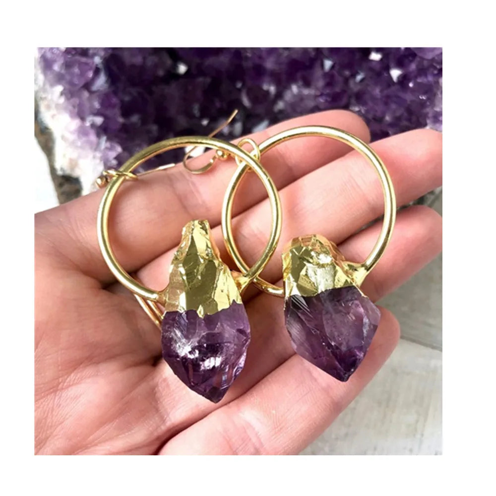 ER40226 Raw Amethyst Crystal Free Form Hoop Dangle Earrings Gold Plated February Birthstone Jewelry Dainty Unique Gift for Women