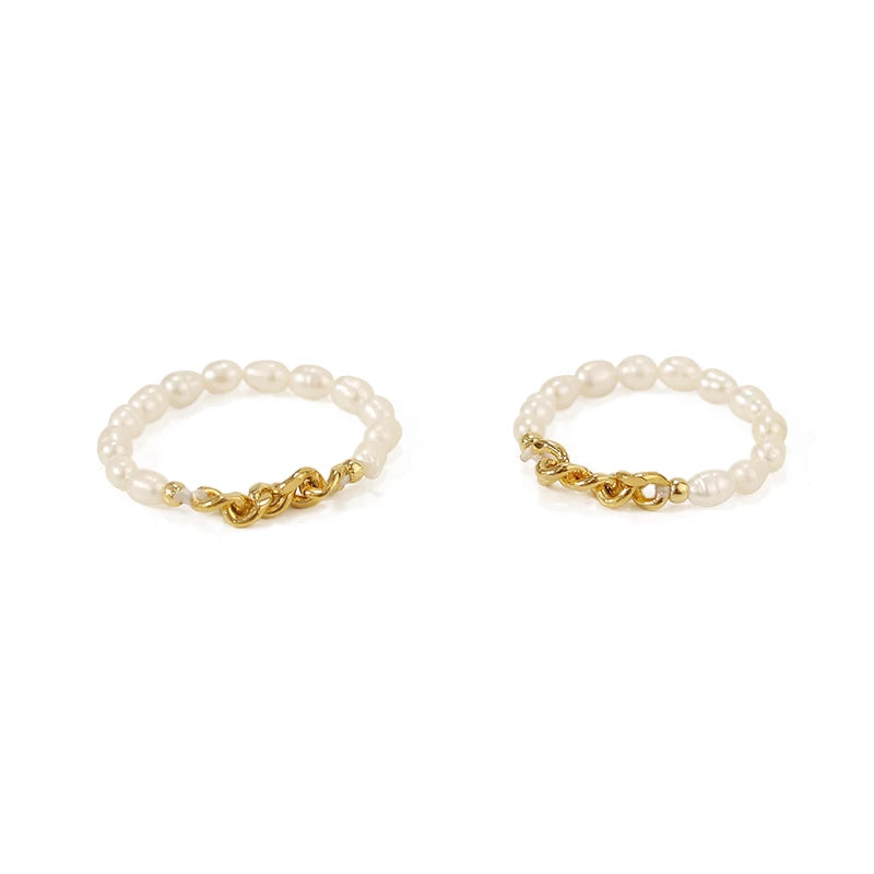 INS Trendy Natural Freshwater Pearl Bead Ring Fashion Elegant Gold Plated Chain Ring for Women Wholesale