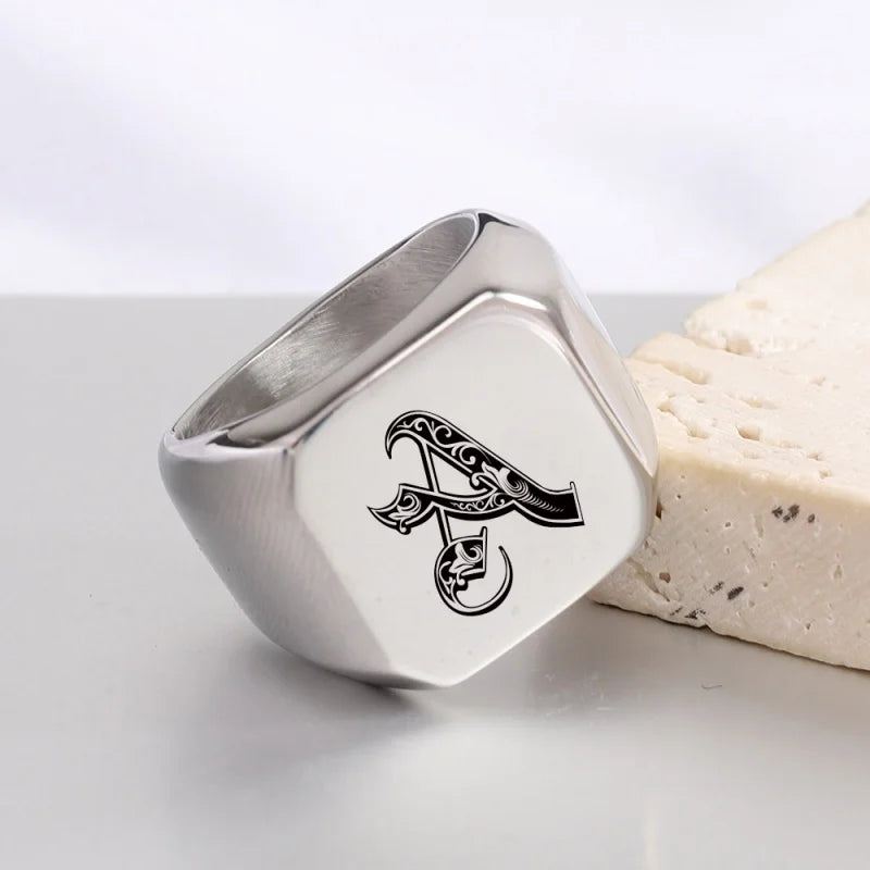 Wholesale 26 Letters Custom Initial Engrave Rings for Men 18mm Stainless Steel Signet Blank Jewelry Classic Style