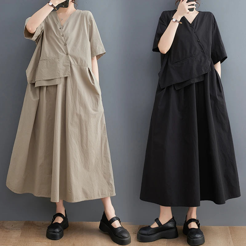 Wholesale 2026 Summer Korean Edition New Loose Spliced Casual Short Sleeve Irregular Temperament Women's Dress