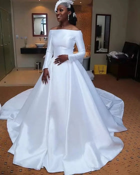 S0225H New Style Off-shoulder High-quality Satin Temperament Elegant Trailing Main Wedding Dress