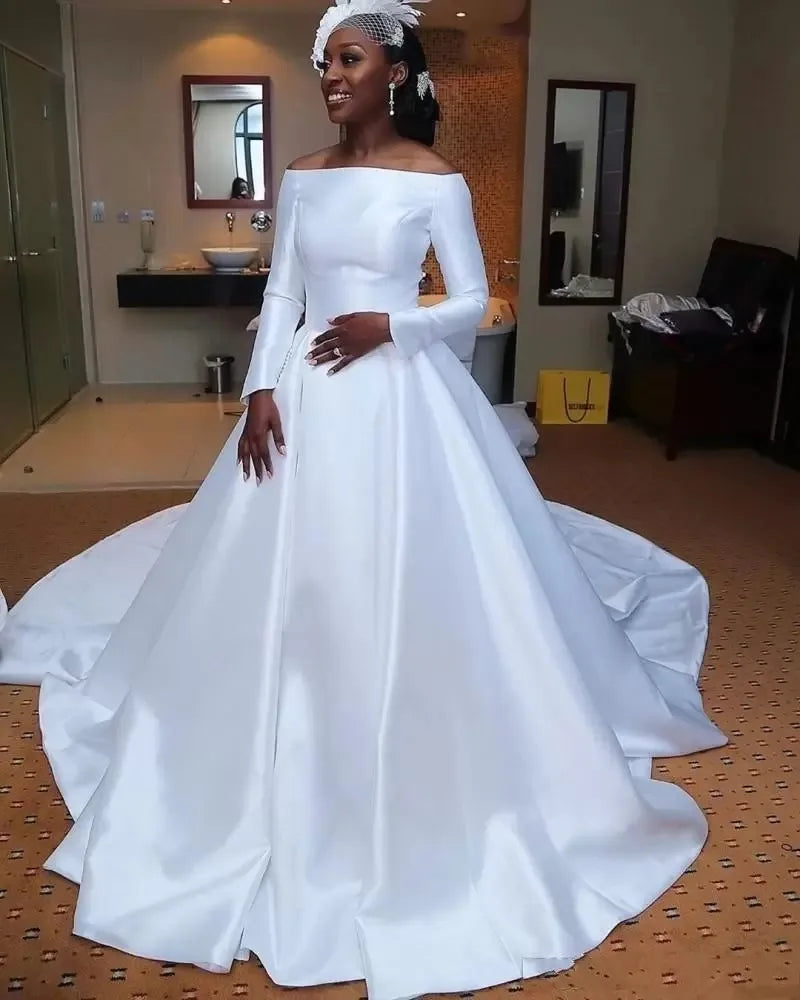 S0225H New Style Off-shoulder High-quality Satin Temperament Elegant Trailing Main Wedding Dress