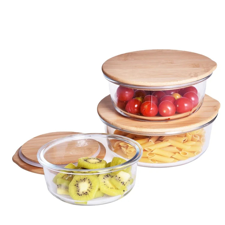 Glass Bento Box Round Bamboo Lid Food Storage Glass Food Container with Bamboo Lid CNLF