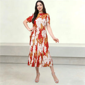 Women's Red Floral Pleated Midi Dress Short Sleeve Round Neck Miyake Casual Party Beach Dresses Plus One Size Clothing ODM OEM