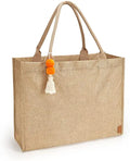 Women's Waterproof Handmade Medium Jute Tote Bag with Tassel and Letter Pattern for Beach Picnic Traveling
