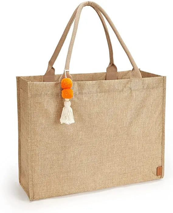 Women's Waterproof Handmade Medium Jute Tote Bag with Tassel and Letter Pattern for Beach Picnic Traveling