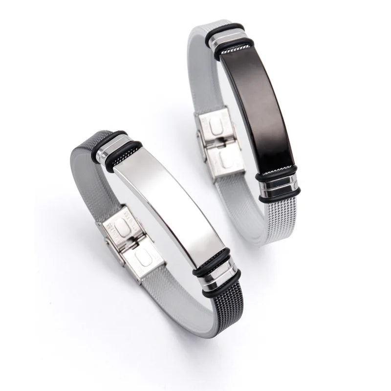 Customized Stainless Steel ID Bar Braided Waterproof Bangle Silicone Bracelet Custom Sport