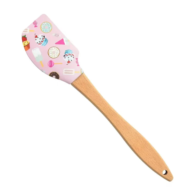 Silicone Spatula Wooden Handle Kitchen Silicone Spatula Pastry Medium Wooden Handle Cake Butter Spatula Printed Baking Scraper