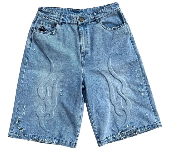 Men Summer Short Street Wear Vintage Hip Hop Embossed Logo 3/4 Length Pant Bermuda Denim Shorts