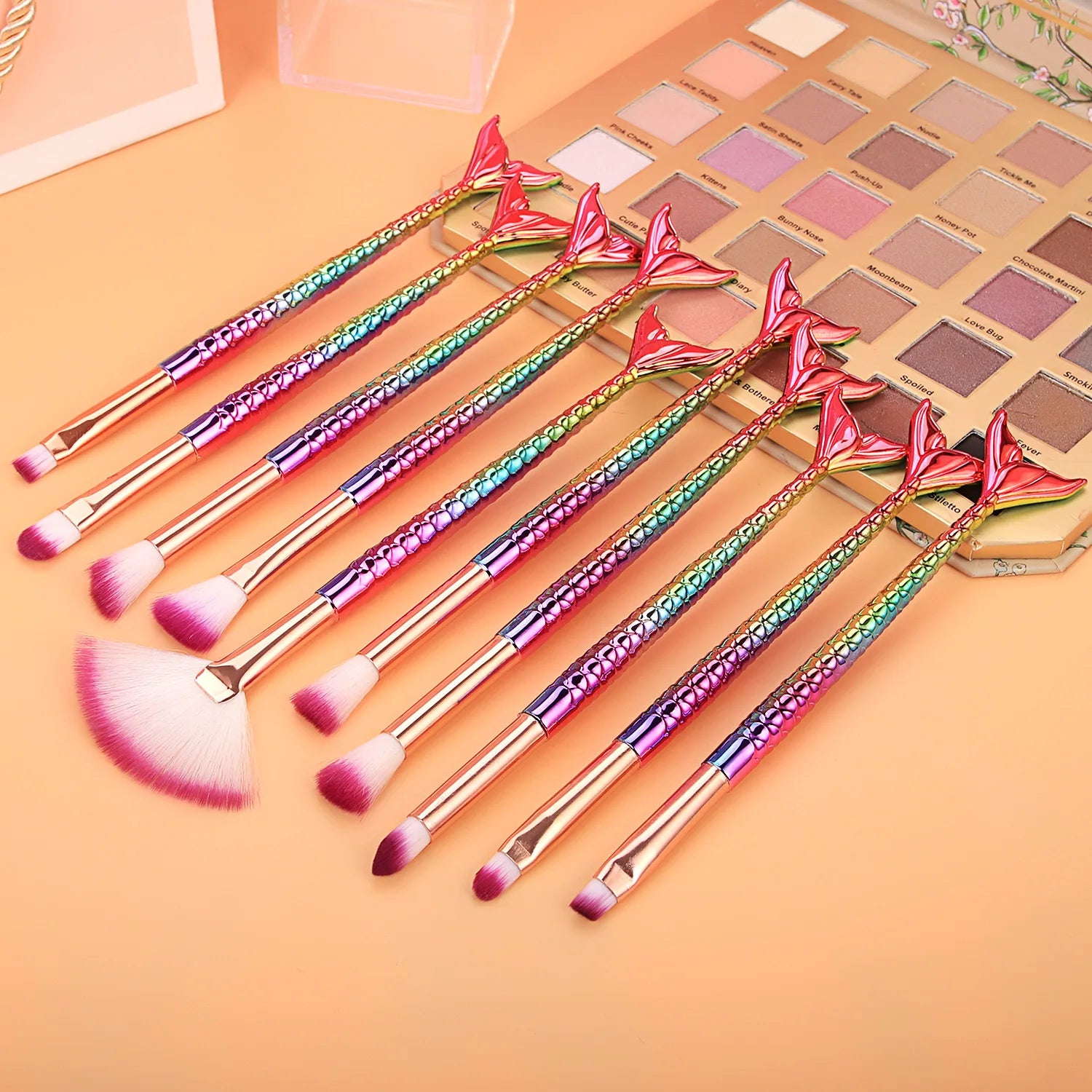 Professional 10PCS Makeup Foundation Eyebrow Eyeliner Blush Cosmetic Concealer Brushes Mermaid Colorful Durable Makeup Brush Set