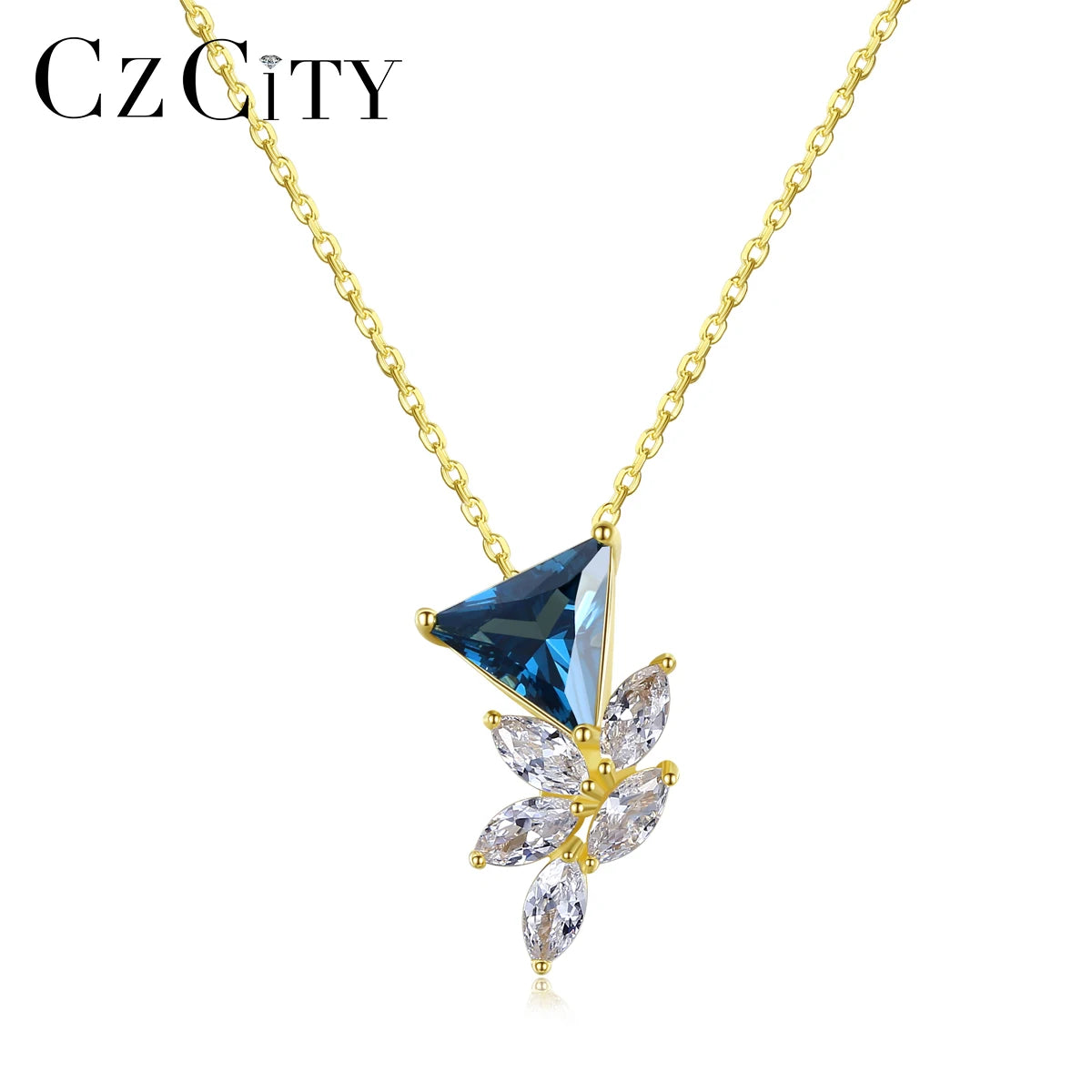 CZCITY Triangle Unique 925 Sterling Silver Flower Shape Pendant Necklace Jewelry for Women