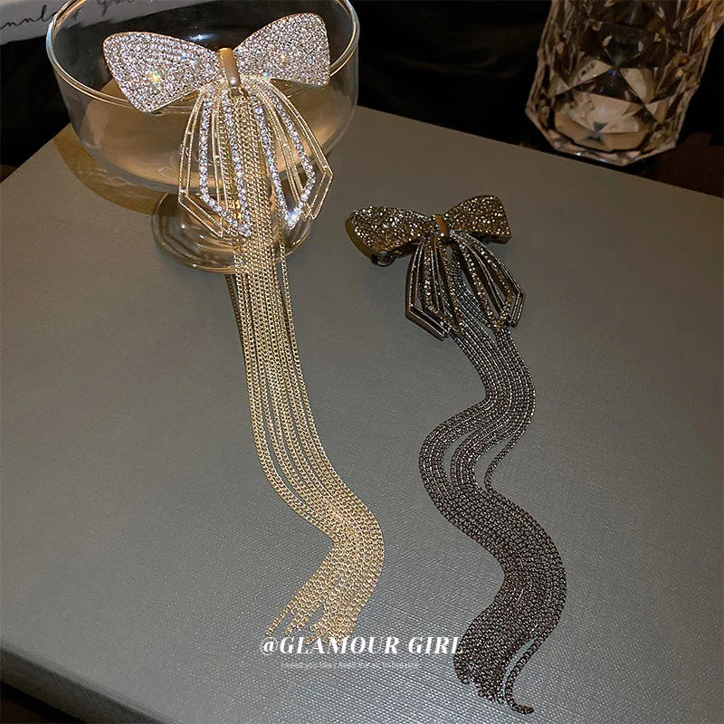 Women Bow Hair Clip Long Tassel Full Rhinestone Bowknot Hairpin Spring Hair Clip for Women Hairwear Elegant Hair Jewelry