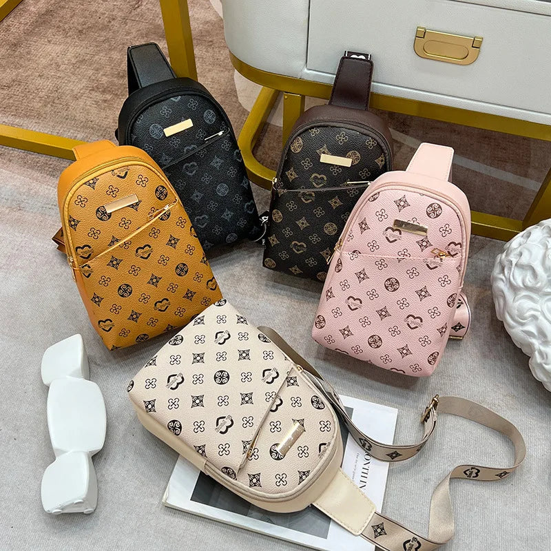 Wholesale PU Leather Sweet Chest Bags for Women Casual Travel Fanny Pack Bags Printed Fashion Single Shoulder Crossbody Bags