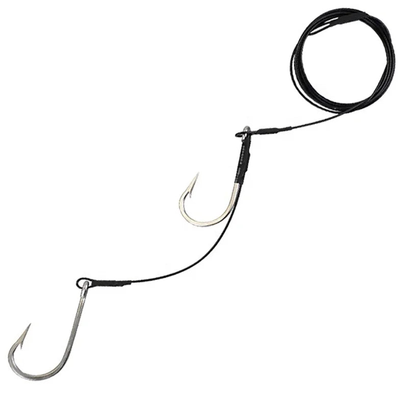1/0-13/0# Black Cable Leader Rigged Twin Stainless Steel 7691SS Hook Trace Wire for Shark Tuna Fishing