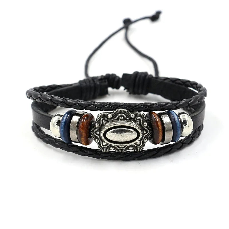 Vintage Hand Ornament Adjustable Handmade Multi-layer Beaded Cowhide Leather Charm Bracelet for Men