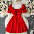 Summer Square Collar Solid Casual Dress Women Puff Sleeve High Waist Midi A-Line Dress Ladies Elegant Dresses Clothes Women