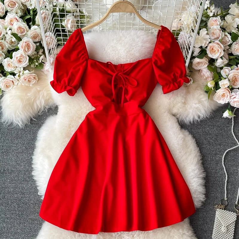 Summer Square Collar Solid Casual Dress Women Puff Sleeve High Waist Midi A-Line Dress Ladies Elegant Dresses Clothes Women
