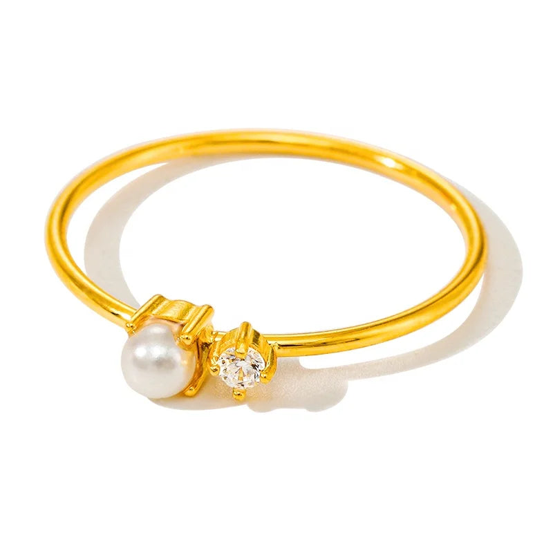 MICCI Stainless Steel 18K Gold Plated Fashion Jewelry Artificial Pearl Zircon Engagement Wedding Thin Rings for Women