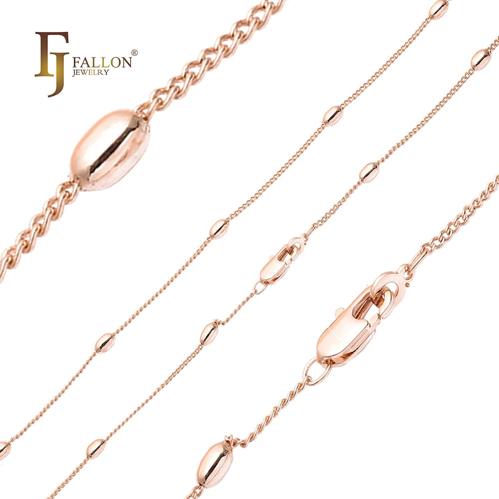 3mm FJ Fallon Fashion Jewelry Oval Beads Round Curb Cable Link Chain Plated in Rose Gold Brass Based Split