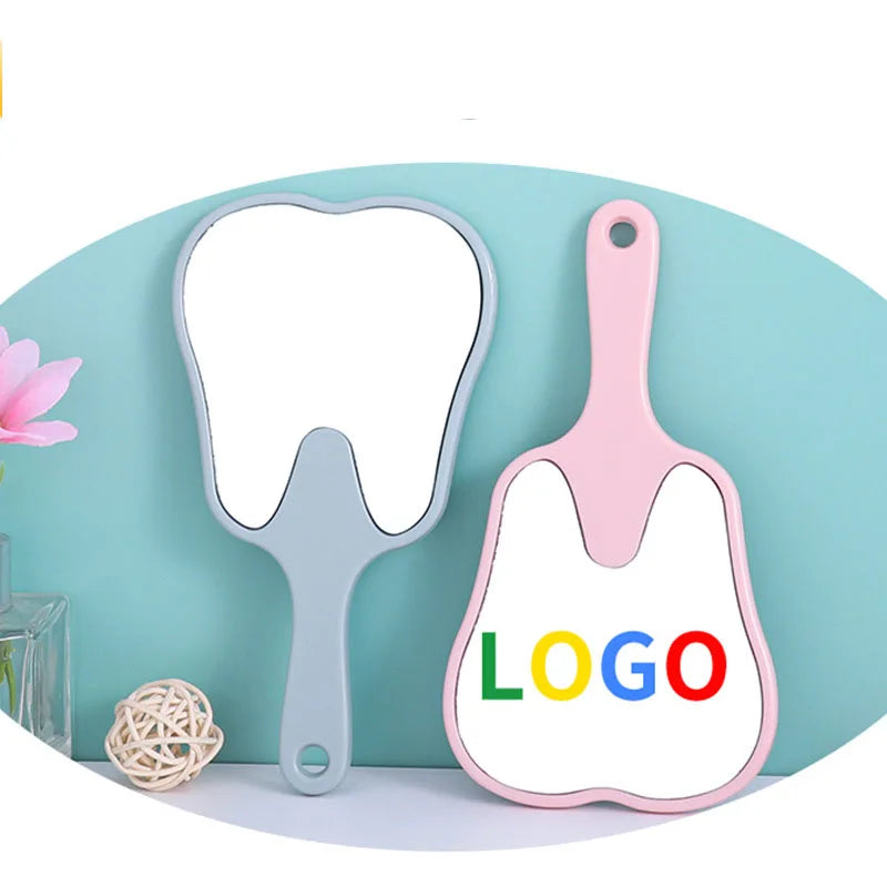 YUE New Wholesale Handheld Unique Makeup Mirror Cute Tooth Handle Mirror Custom LOGO Plastic Mirror Ladies Makeup Tools