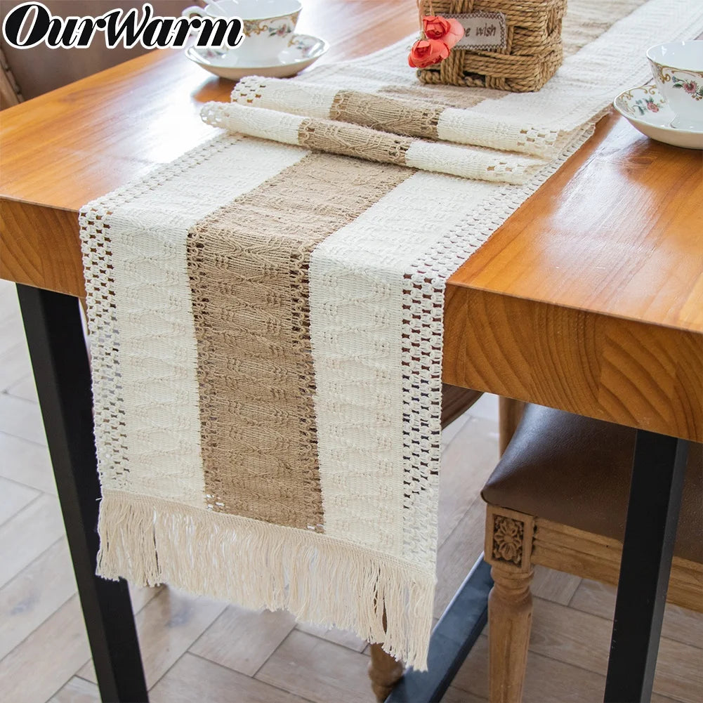 OurWarm Boho Home Decor 12*108 in Beige Hollow Dining Macrame Burlap Linen Cotton Table Runner Jacquard Knitted Style
