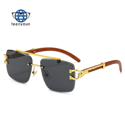 Teenyoun Newest Wood Grain Leopard Head Frameless Sunglasses 2023 New for Women and Men Double Bridge Uv400 Rimless