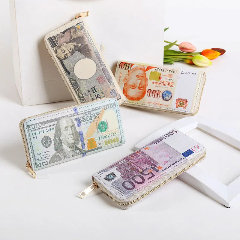 Men and Women Retro Fashion Creative Dollar Pattern Long Student Multi Card Single Zipper Large Capacity Pu Wallet