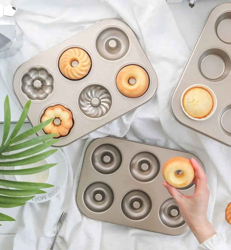 2 Pieces 6 Cavities Non-stick Baking Mold Set Carbon Steel Flower Donut Mold Cake Mold