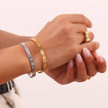 Fashion Trendy Custom Tarnish Free Rhinestone Engraved Star Open 316l Stainless Steel Thin Gold Women Cuff Bracelet with Stones